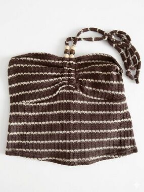 Chocolate Brown and Cream Striped Knit Tube Top with Bead Tie